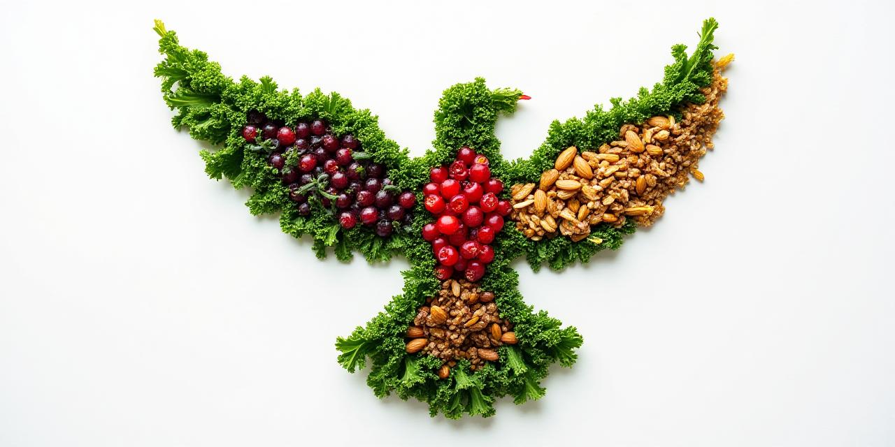 Artistic aerial view of colorful healthy ingredients arranged in a bird-like silhouette