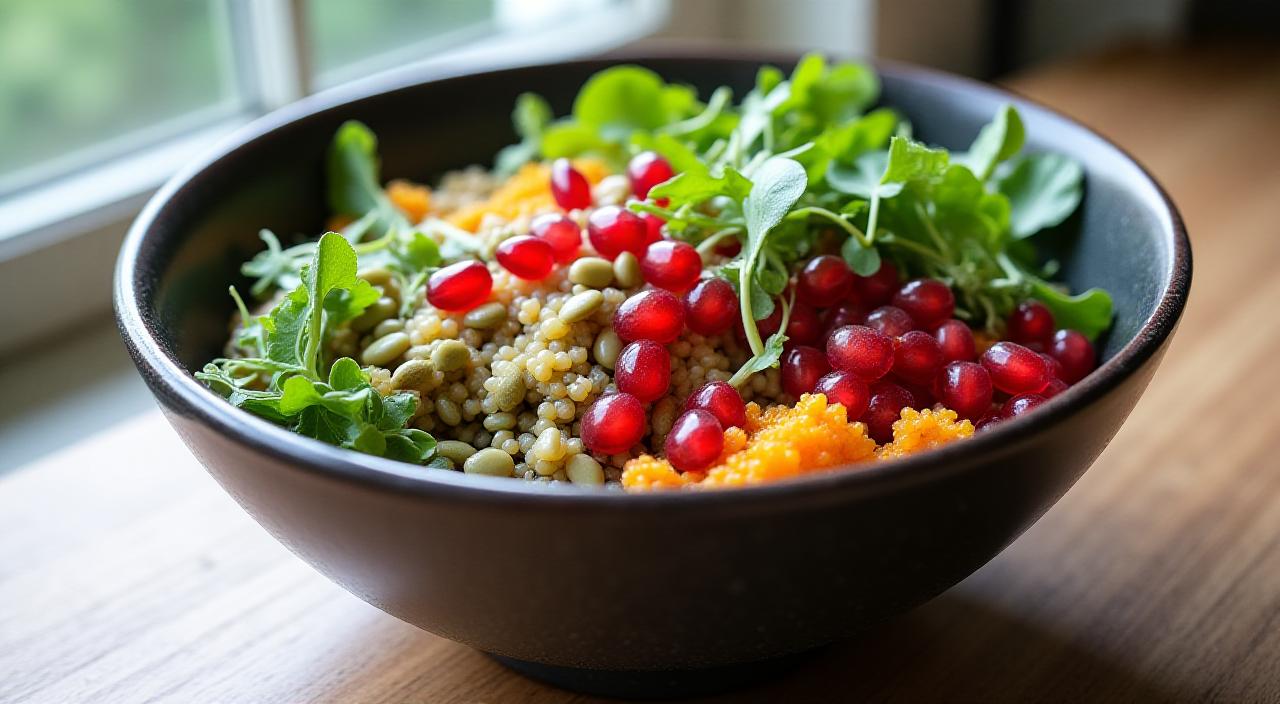 A vibrant bird-inspired superfood bowl with seasonal seeds and grains