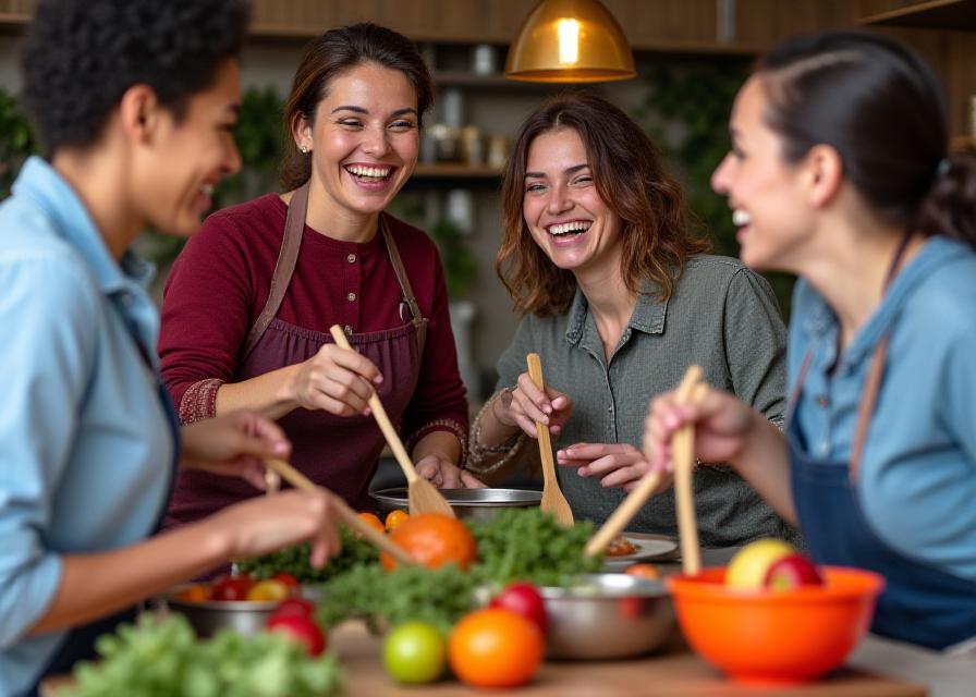 Group of participants laughing while cooking