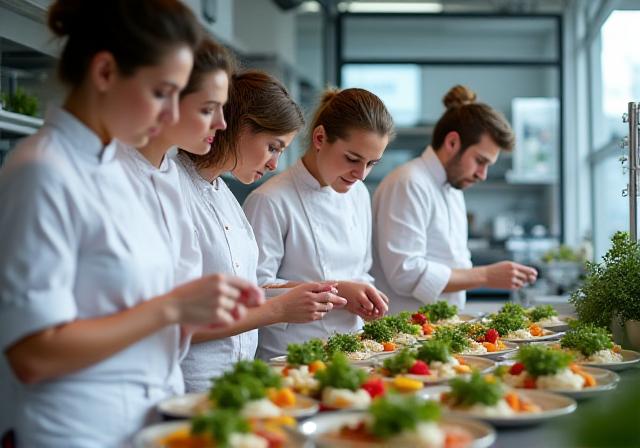 Culinary team preparing bird-themed health bowls